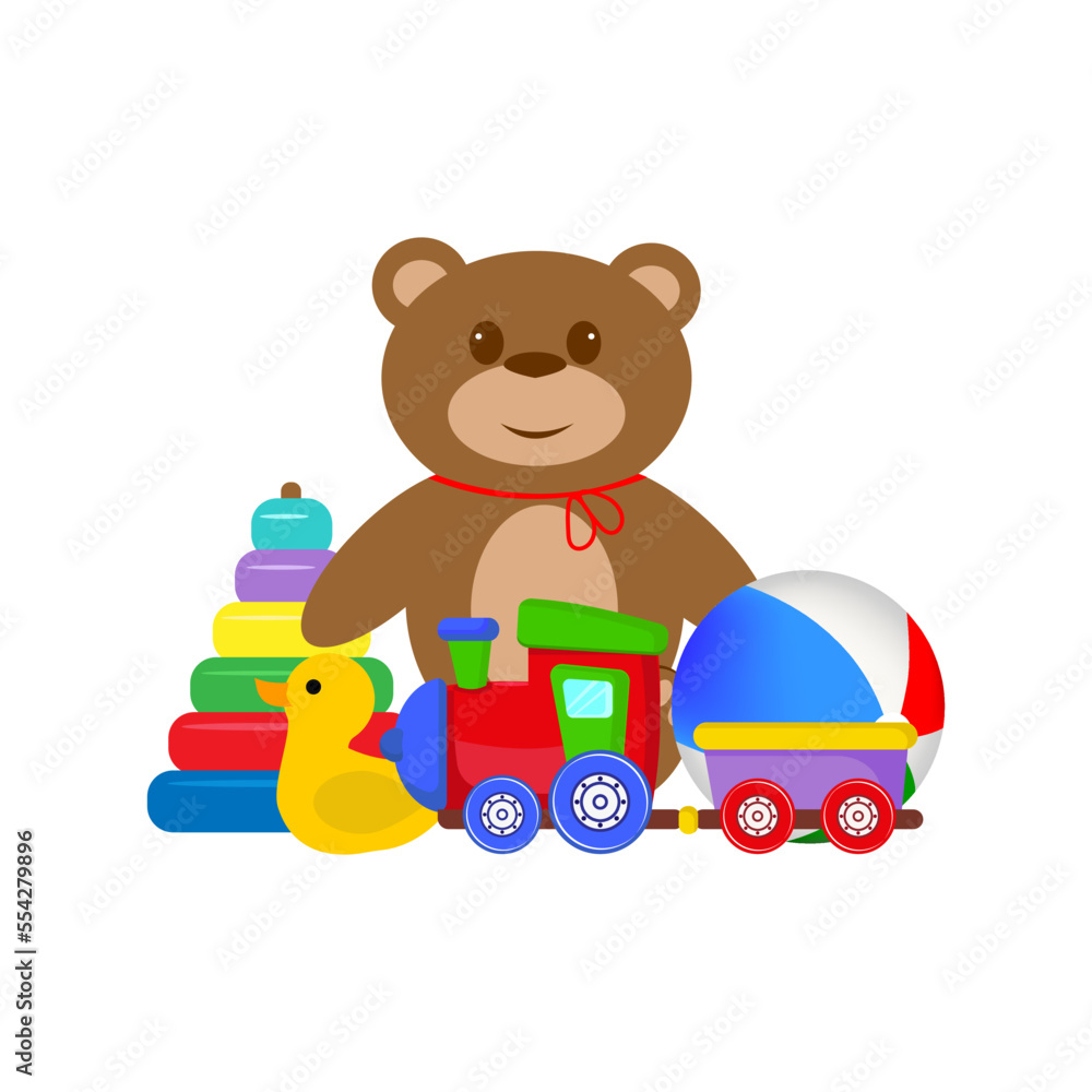 collection of toys children with teddy bear, ball, set vector illustration isolated on white background
