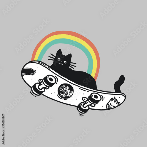 Cat on a skateboard with a rainbow vector illustration design
