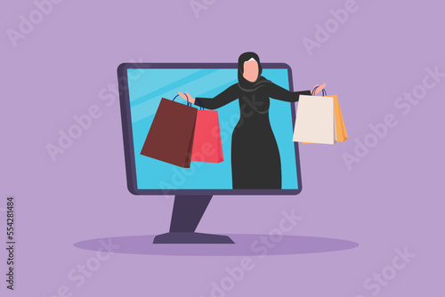 Character flat drawing young Arab woman coming out of monitor computer screen with holding shopping bags. Sale, digital lifestyle, consumerism. Online store concept. Cartoon design vector illustration