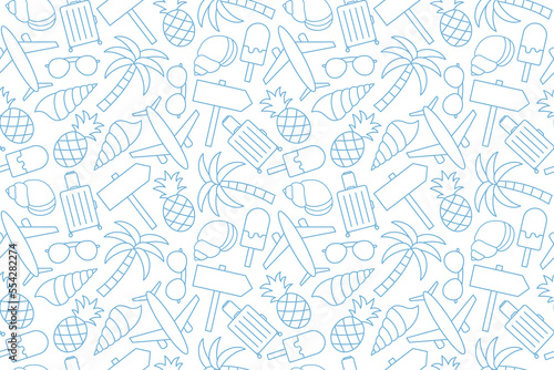 summer travel seamless pattern with airplane, palm tree, suitcase, pineapple, sunglasses, signboard, shell, ice cream outline icons- vector illustration
