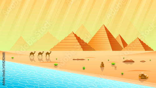 Abstract Orange Desert Background Silhouette With Pyramids  Oasis And Camel Vector Design Style Nature Landscape