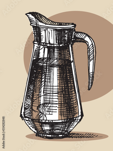 Glass jug line drawing. Sketch of a water jug. Cookware. Graphic pot