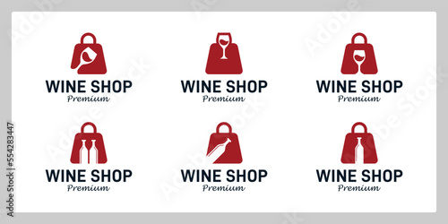 Set of wine glass shop logo design template with shopping bag, wine bottle graphic design illustration. icon, symbol, creative.