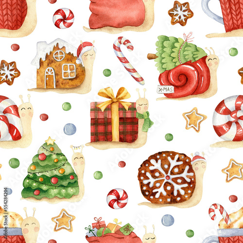 Watercolor seamless pattern of christmas tree and cute snail.