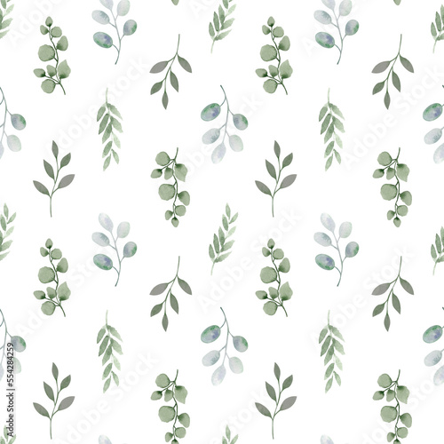 Watercolor winter greenery seamless pattern. Floral border with pastel green and grey leaves.