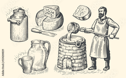 Butter and cheese production concept. Farm worker making organic dairy food. Sketch set vintage vector illustration