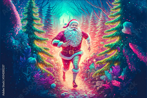 Santa claus running in a colorful forest environment
