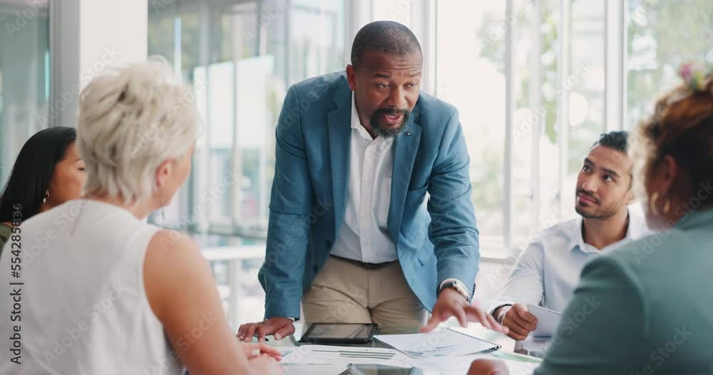 Business, meeting and man leader with financial documents, report and statistics for planning in office. Businessman, leadership and economy growth business meeting for teamwork, review and thinking