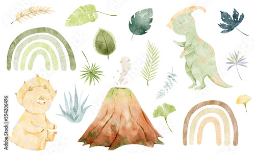 Watercolor cute baby dinosaurs isolated. Tropical jungle illustration. Animal graphics, rainbow character design, jurassic hand drawn clipart.  Baby shower illustration. Prehistoric nursery art. 