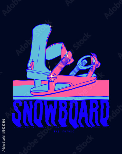 Snowboard binding 90s style retro typography pink and purple silkscreen t-shirt print vector illustration.