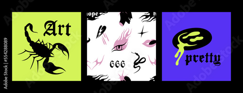 Vector set of Y2k icons or stickers with scorpion and emoji. Brutalist design tattoo compositions for prints. Seamless pattern.