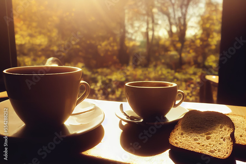 Morning or afternoon bread and coffee time, warm sunshine from the window, relaxing and peaceful vibes, positive energy.
