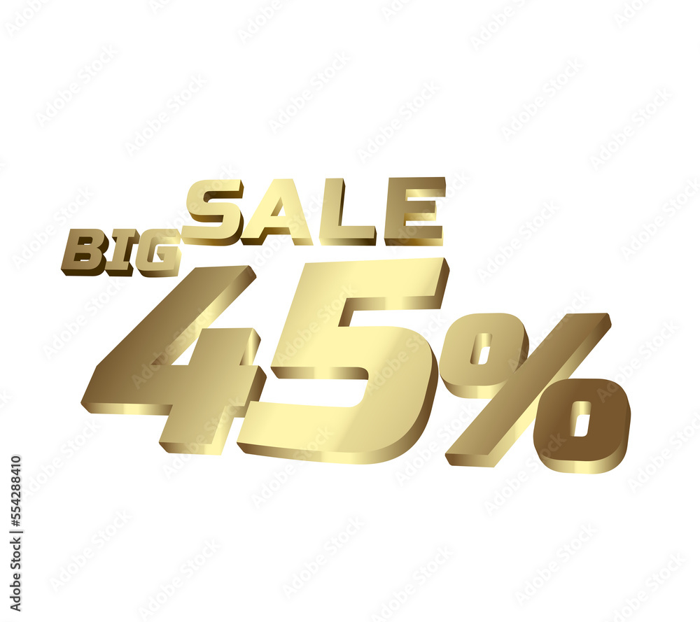 Big sale 45 percent 3Ds Letter Golden, 3Ds Level Gold color, big sales 3D, Percent on red color background. Big sale 45 percent 3Ds Letter Golden, 3Ds Level Gold color, big sales 3D, Percent on red color background.