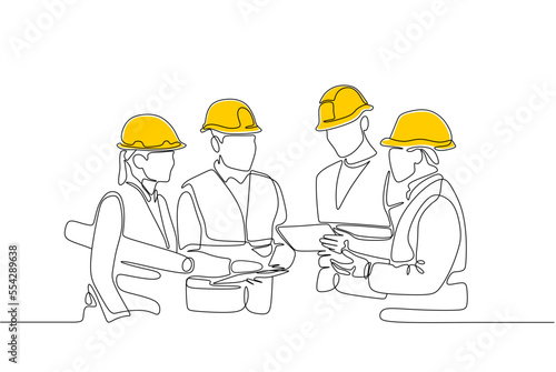 One line drawing of male and female building builder groups wearing helmet. Great team work concept. Trendy continuous line draw design graphic vector illustration