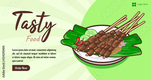 Indonesian food tasty chicken satay banner template vector cartoon