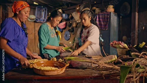 Mujeres Xincas manipulando mazorcas de maíz para la elaboración de sus alimentos. photo
