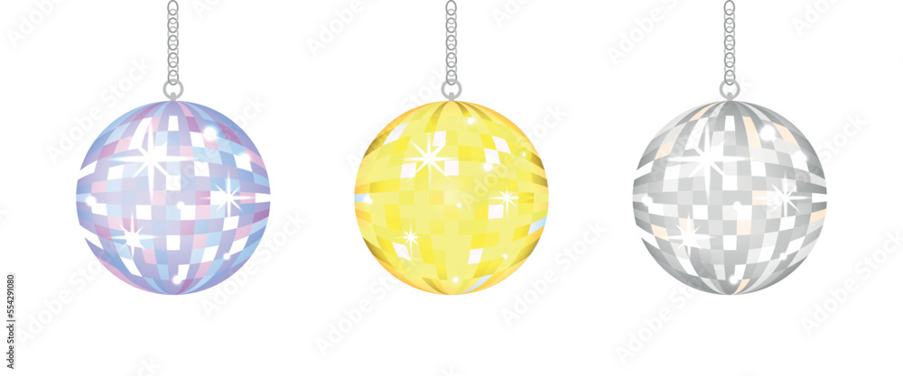 Disco balls vector set. Golden, silver and blue discoballs isolated. Glowing graphic elements for party designs. Colorful shiny mirror balls on white background. 80s 90s club life concept Disco balls vector set. Golden, silver and blue discoballs isolated. Glowing graphic elements for party designs. Colorful shiny mirror balls on white background. 80s 90s club life concept