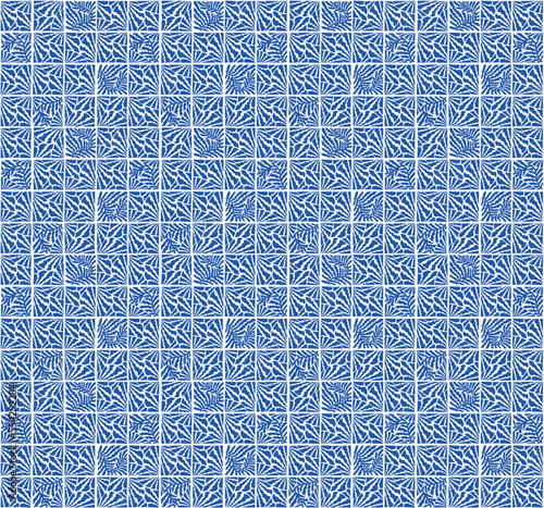 Seamless abstract pattern inspired by Matisse and cement tiles.Foliage, jungle, blue. Ideal for printing on textiles or decorating objects. Vector illustration.