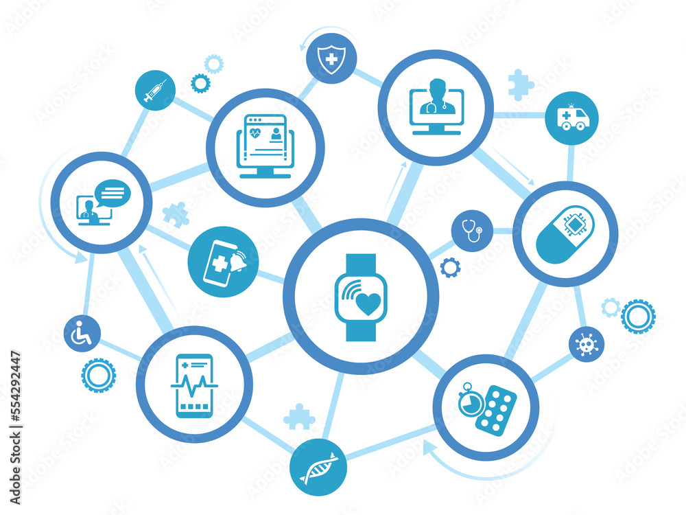 Digital healthcare and smart health devices and iot technology in medicine vector illustration. Concept around medical big data, cloud applications, Digital healthcare and smart health devices and iot technology in medicine vector illustration. Concept around medical big data, cloud applications,