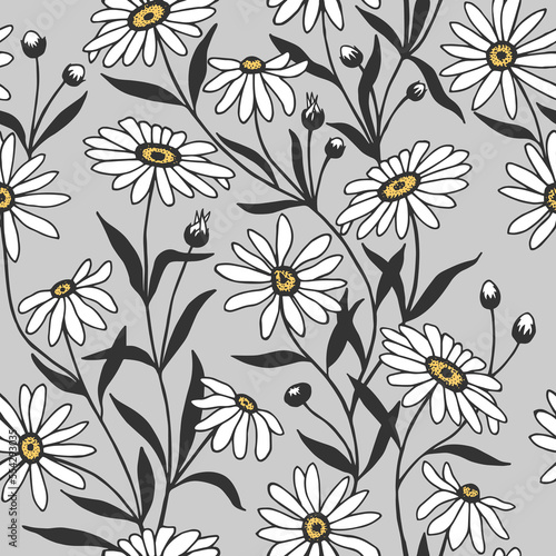 Chamomile flowers seamless pattern. Vector stock illustration eps10. Outline, isolate on white background. Hand drawn. 