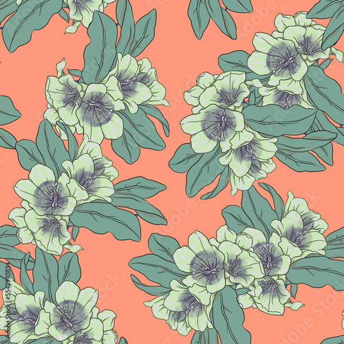 Seamless floral pattern with wildflowers and herbs in pastel red background.