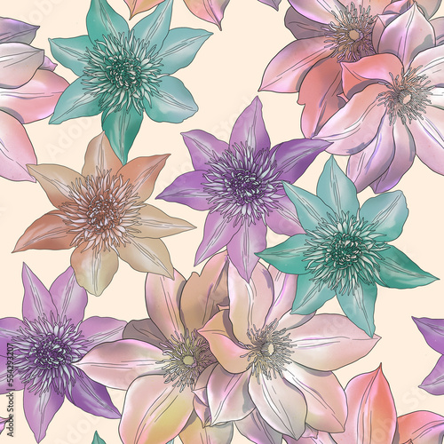 Seamless floral pattern with colourful clematises on light background. photo