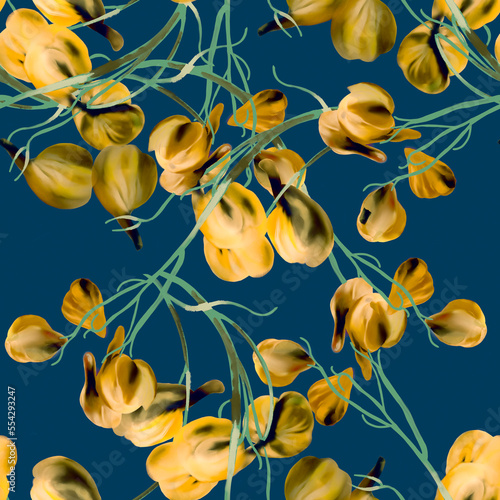 Wallpaper Mural Seamless floral pattern with branches and yellow buds on navy blue background. Torontodigital.ca