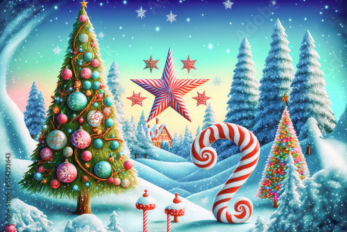 A beautiful Merry Christmas scene with a festive night snow background and a winter landscape. A Happy New Year and Christmas Wallpaper. A Generative AI digital illustration.