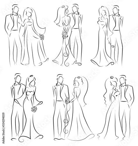 Sketch bride and groom wedding set for invitation cards, including template design decorative elements