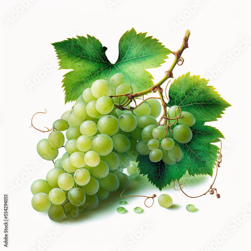 Green grapes with leaves on white background