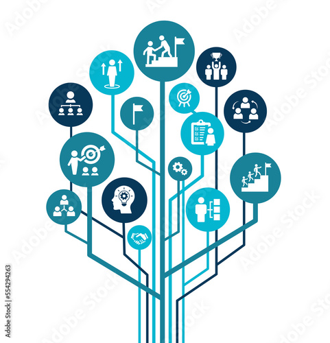 Leadership vector illustration. Banner with icons related to corporate company management