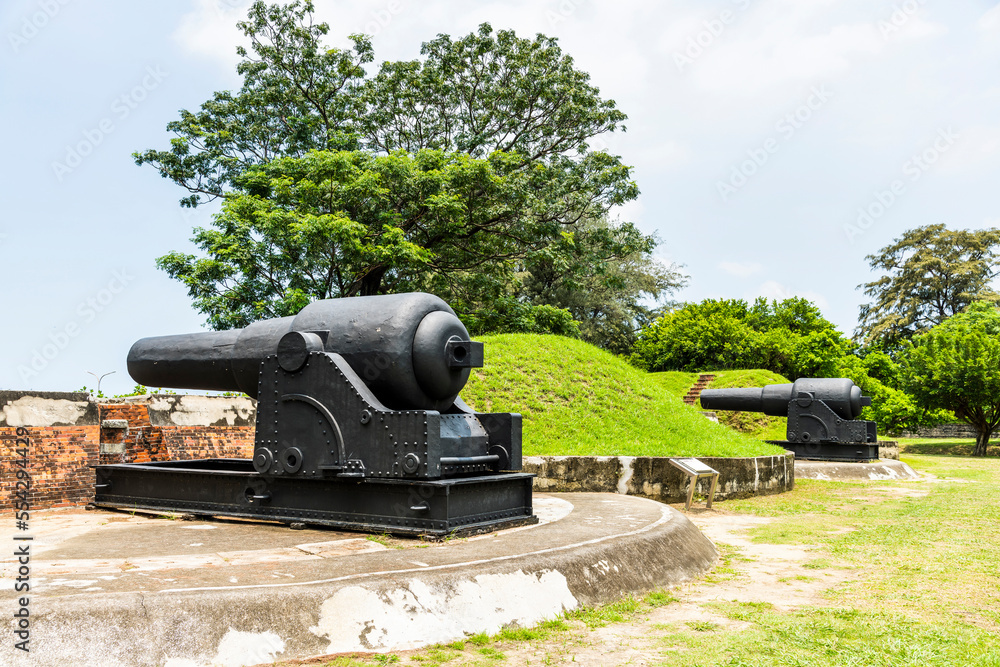 View of the cannon at Eternal Golden Castle in Tainan, Taiwan. The castle was built in 1874 and completed in 1876.