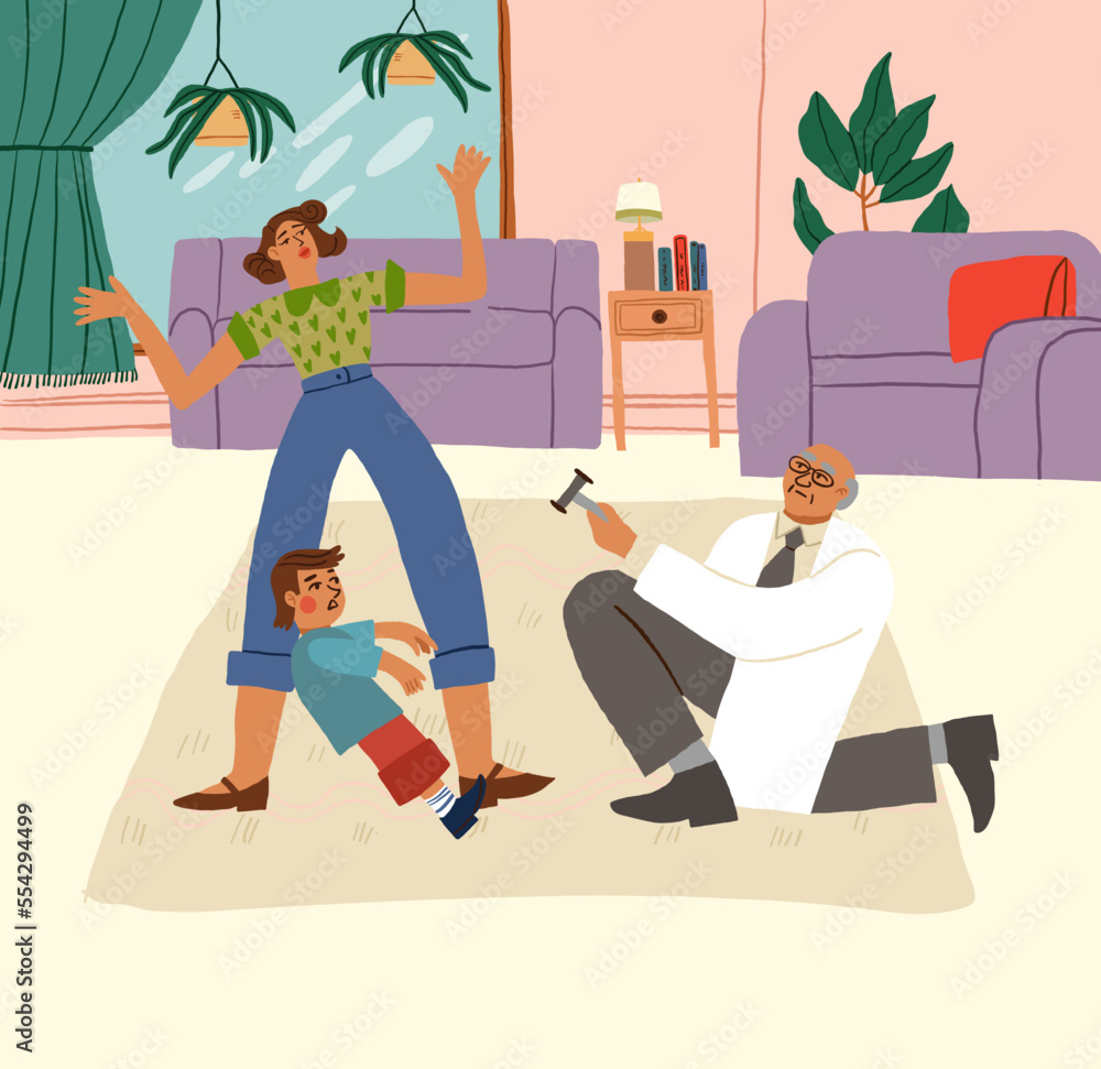Family doctor coming to visit sick child at home. Pediatrician from pediatrics clinic treating kid at home with parents. Healthcare and medicine concept. Cartoon flat vector illustration. Vector