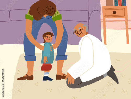 Family doctor coming to visit sick child at home. Pediatrician from pediatrics clinic treating kid at home with parents. Healthcare and medicine concept. Cartoon flat vector illustration. Vector