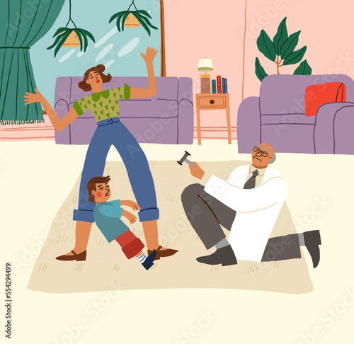 Family doctor coming to visit sick child at home. Pediatrician from pediatrics clinic treating kid at home with parents. Healthcare and medicine concept. Cartoon flat vector illustration. Vector