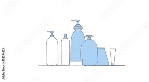 Set Bottles of shower gel shampoo , moisturizer, cosmetics for hair, body and facial skin care. Drawing on white background.