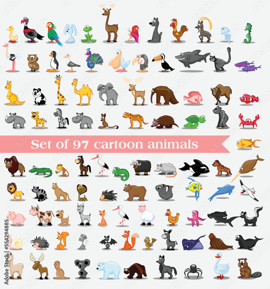 Obraz premium Big bundle of funny domestic and wild animals, marine mammals, reptiles, birds and fish. Collection of cute cartoon characters isolated on white background. Vector illustration in flat style.