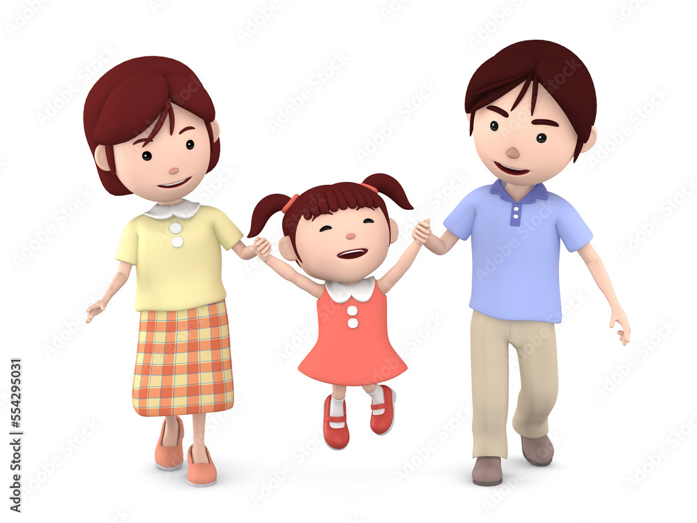 family walk together with holding hands, 3D illustration family walk together with holding hands, 3D illustration