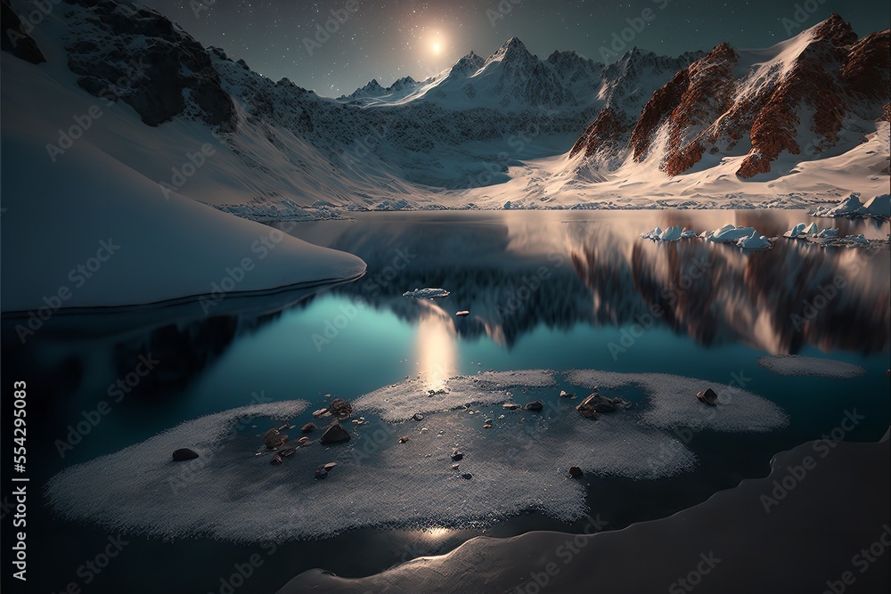 Beautiful polar lake landscape with snow and moon. Beautiful polar lake view.