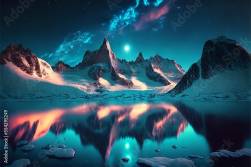 Beautiful polar lake landscape with snow and moon. Beautiful polar lake view. © Concept Killer