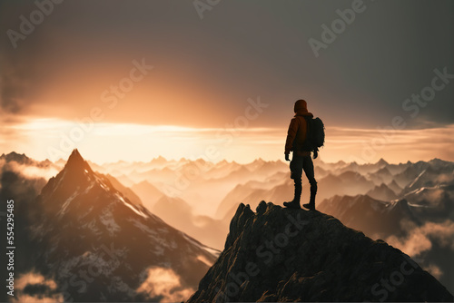 Reaching your goals concept, with cliimber on mountain top looking at majestic sunset, Ai generative illustration