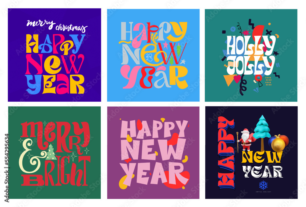 Set of Happy New Year lettering. Perfect for holidays festive design. New Year design template with typography logo. Minimalistic modern background for cover, banner and card. Vector illustration. Set of Happy New Year lettering. Perfect for holidays festive design. New Year design template with typography logo. Minimalistic modern background for cover, banner and card. Vector illustration.