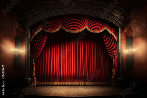 velvet curtains and wooden stage floor, Ai generative illustration