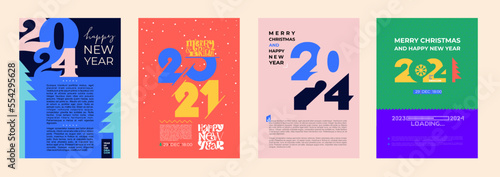 Set of creative concept of 2024 Happy New Year posters. Isolated design templates with typography logo for celebration and season decoration. Minimalist backgrounds for branding, banner, cover, card.