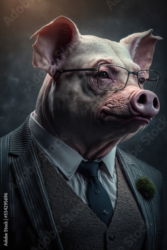 Pig wearing suit amd glasses, Ai generative illustration