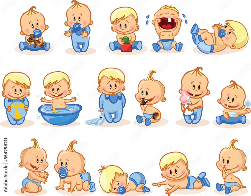 Set with cute little baby in different situations. Playing, sleeping, sitting, lying, crawling baby. Happy smiling newborn boy Set with cute little baby in different situations. Playing, sleeping, sitting, lying, crawling baby. Happy smiling newborn boy