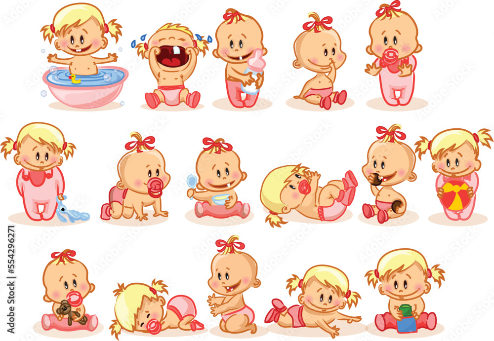 Set with cute little baby in different situations. Playing, sleeping, sitting, lying, crawling baby. Happy smiling newborn girl. Set with cute little baby in different situations. Playing, sleeping, sitting, lying, crawling baby. Happy smiling newborn girl.