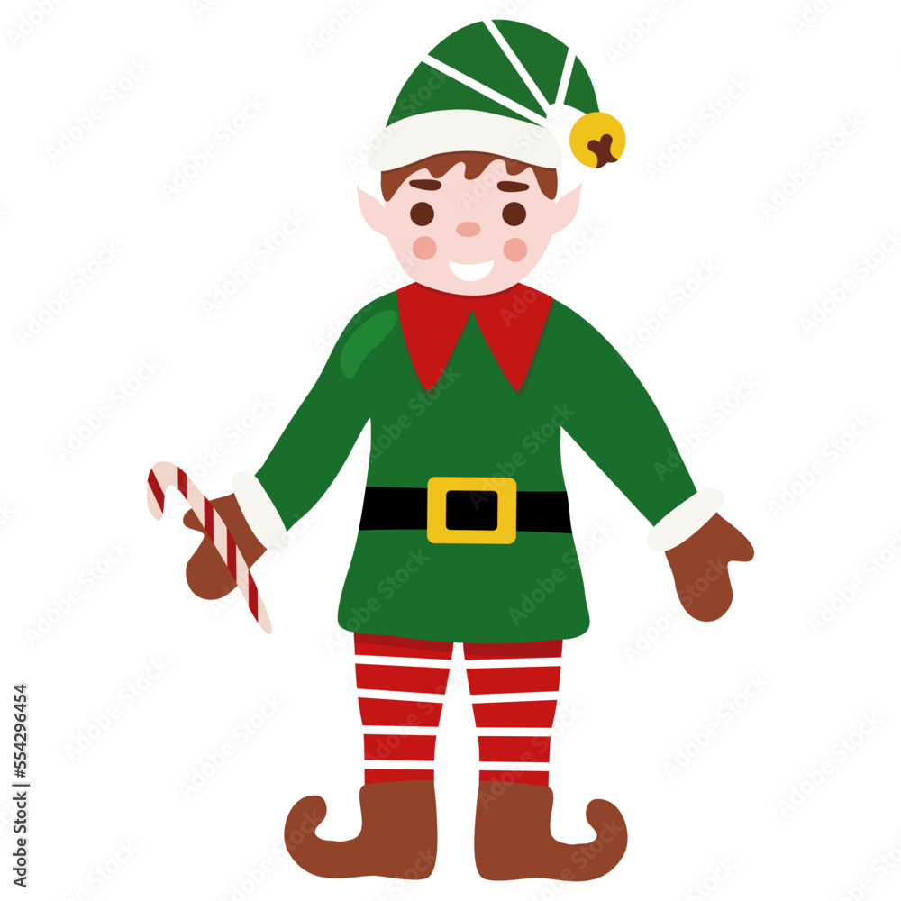 Cheerful Christmas elf with candy cane, winter holidays character, design template element, vector Cheerful Christmas elf with candy cane, winter holidays character, design template element, vector