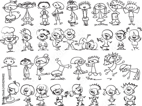 Happy children doodle set. Funny small kids play  run and jump. Set of elements in childish doodle style. Hand drawn illustration