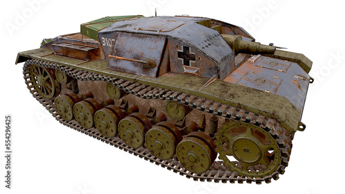 Self-propelled artillery mount, panzer, tank of the WW2 StuG III Ausf G  right side view in motion photo